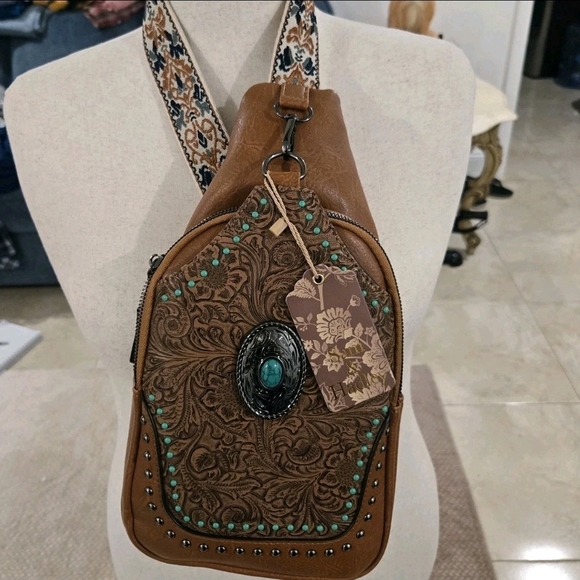 Sam & Hadley Handbags - Sam And Hadley Brown Embossed Sling Bag with Turquoise Accents Western NWT Aztec